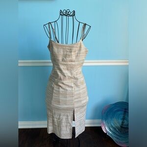 Cream and Tan Front Slit Midi Dress